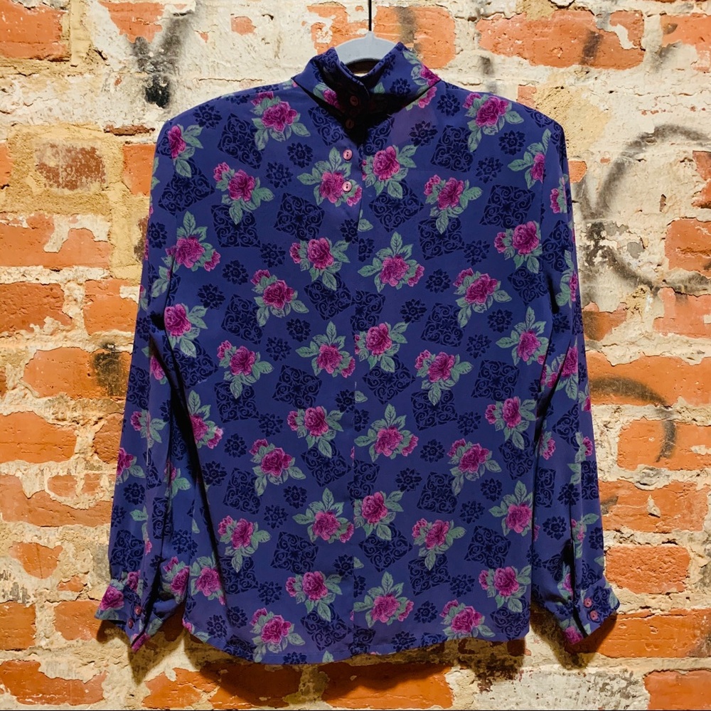 Rare Vintage HighCollar Button Floral Print Blouse